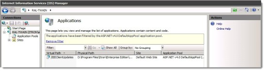 Screenshot of the IIS manager applications that are filtered by the default application pool.